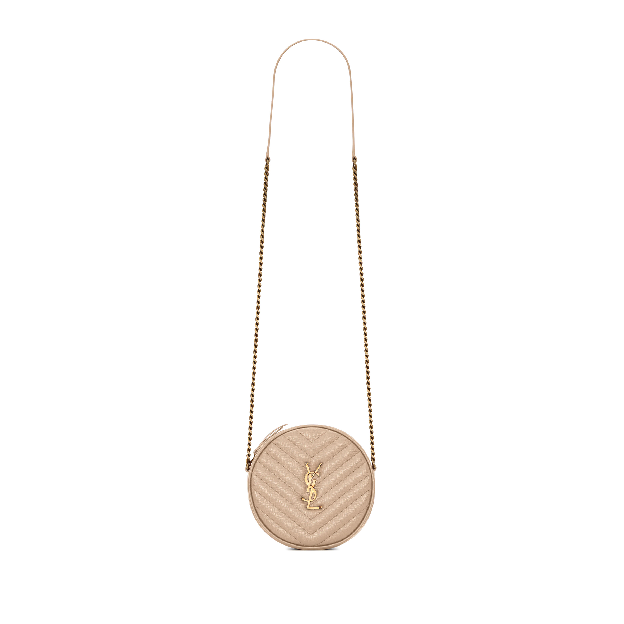 YSL VINYLE ROUND CAMERA BAG IN CHEVRON-QUILTED GRAIN DE POUDRE EMBOSSED LEATHER 6104361GF072721 (17*17*5.5cm)